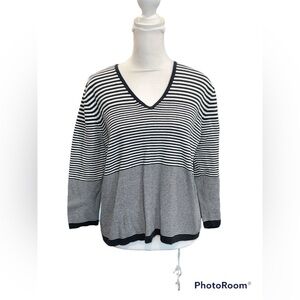 Alexandra Barnett Navy White Striped V Neck Sweater Size L